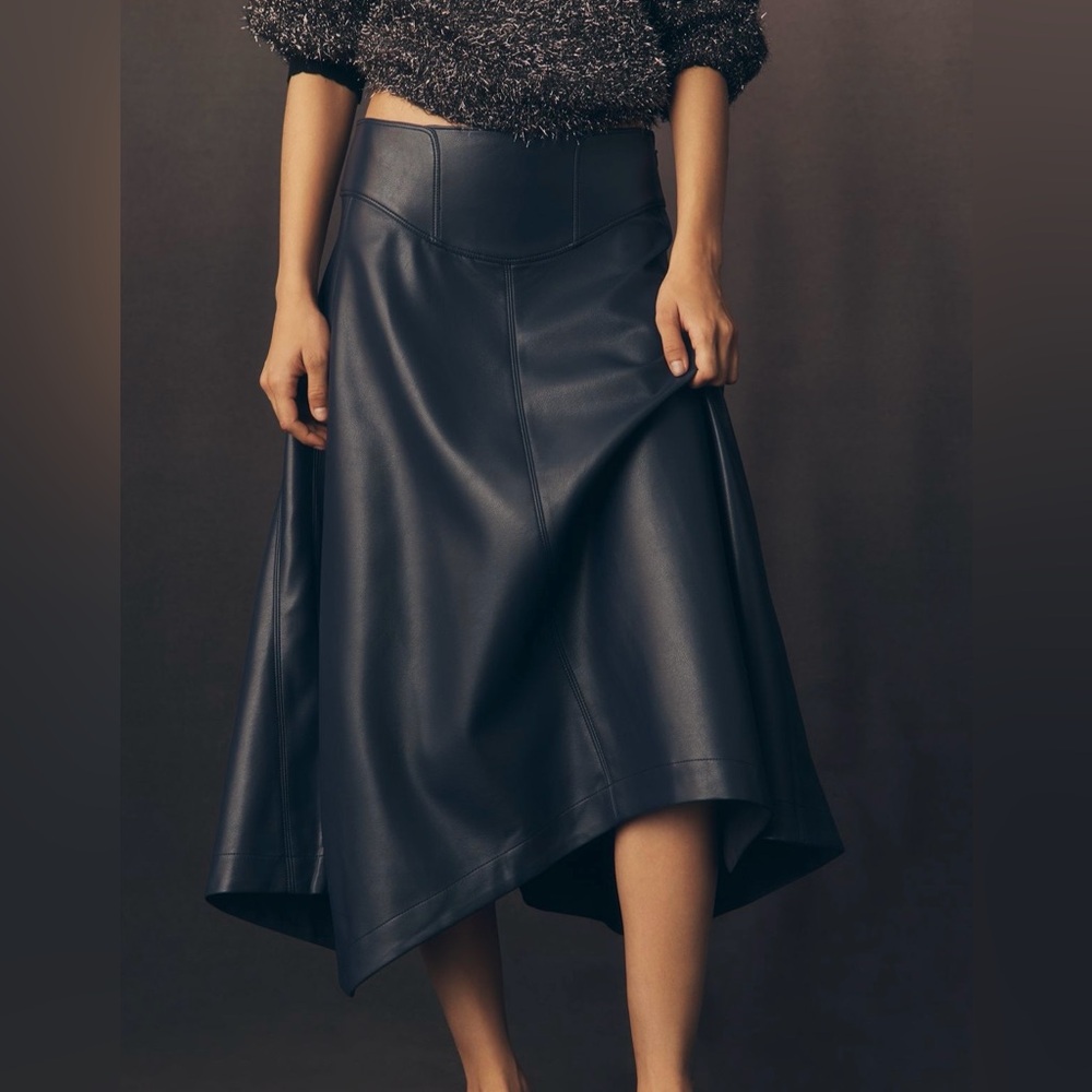 Navy Anthropologie Faux Leather Midi Skirt